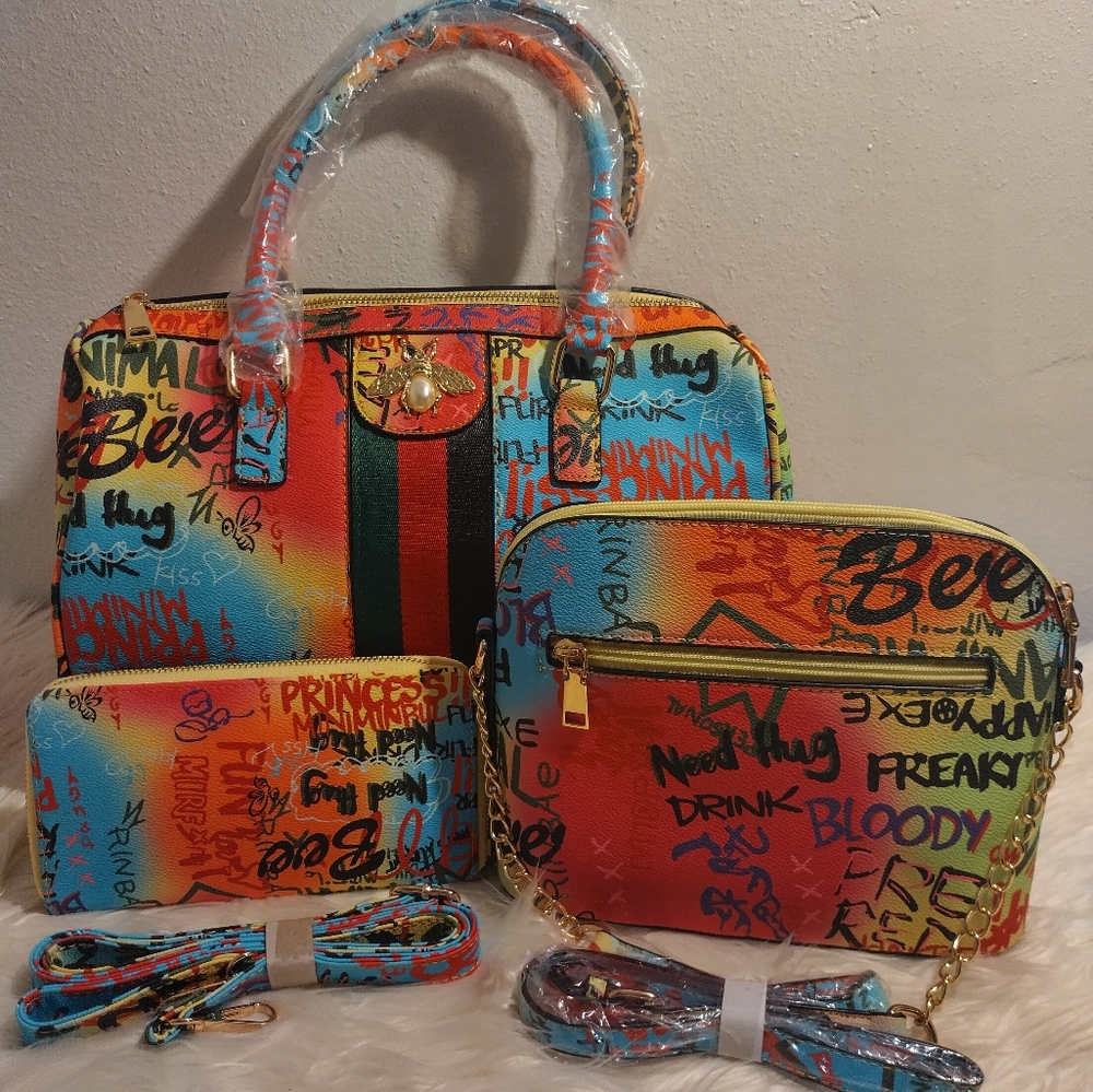 Bee Charm Graffiti Print 3 in 1 satchel & wallet set.